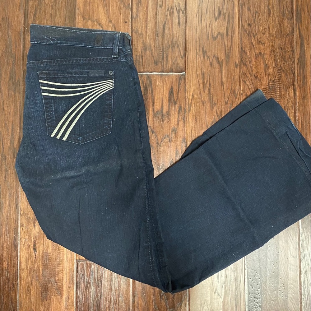 7 For All Mankind Women's Boot Cut Jeans - Dark Indigo with Cream Pocket Stripes